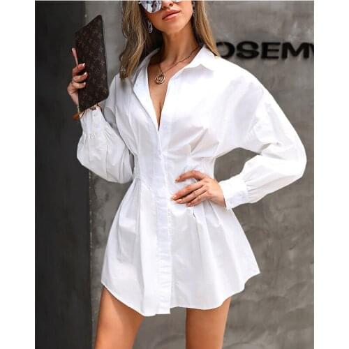 Women Shirts Dresses Autumn Letter Print Sexy White Long Sleeve Turn Down Solid Mini Dress Office Lady Elegant Wear