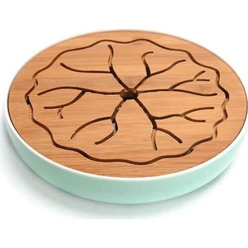 Simple Chinese Bamboo Tea Tray Kung Fu Tea Set Round Ceramic Household Water Storage Tray Office Teaboard Lotus Leaf Pattern
