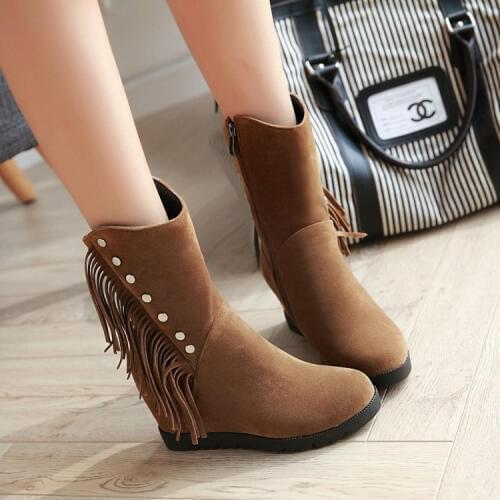 PXELENA New 2018 Winter Tassel Hidden High Heels Boots Women Round Toe Crystal Side Zipper Fringe Ankle Boots Female Shoes 34-43
