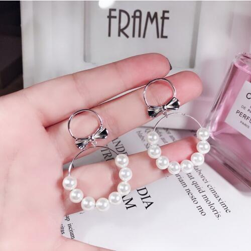 Earrings 925 Sterling Silver Temperament Exaggerated Unique Silver Noble Jewelry Bow-knot Sterling Silver Big Ring with Pearls