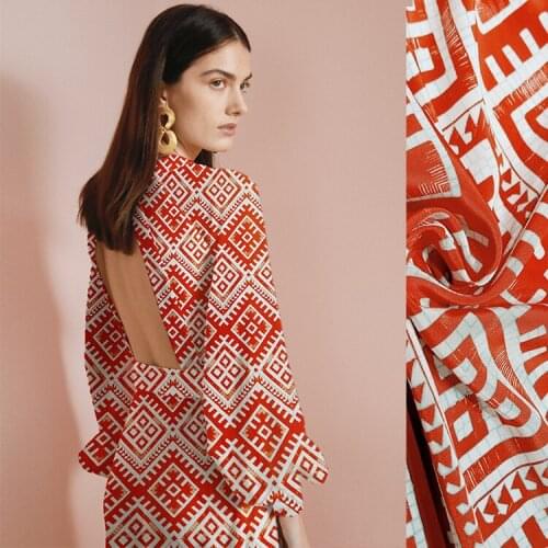 1 Meter Silk Printed Crepe De Chine, Red Geometric Diamond Grid, 112 Wide Mm Thick