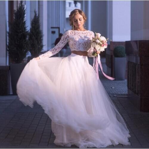 Two Pieces Wedding Dresses 2020-2021 Summer lace Top And Tulle skirt Beach Bridal Dress Cheap Vestido De Noiva