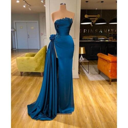 Dark Green Satin Mermaid Strapless Evening Dresses Sexy High Split Strapless Ruffle Crystal Prom Gown Party Dress vestidos