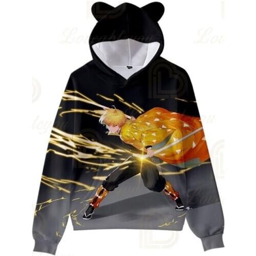 New Fashion Demon Slayer Cat Ear Hooded Hoodies Men Pullovers Sweatshirts Boys Cute Printed Long Sleeve Male Tops