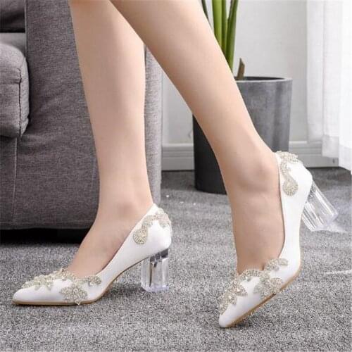 Women pumps wedding Party banquet PU Rhinestones Slip On 6.5CM Thick High Heels Pointed Toe high heels women shoes size 35-42