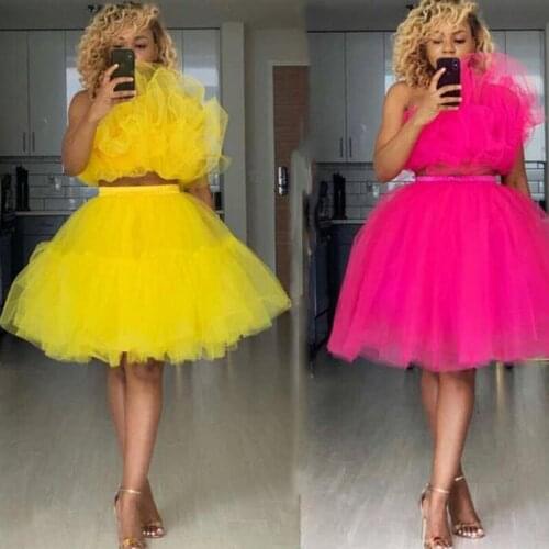 Tulle 2 Pieces Cocktail Dress Formal Gowns African Women Yellow Fushica Puffy Fashion Knee Length Party Evening Gowns