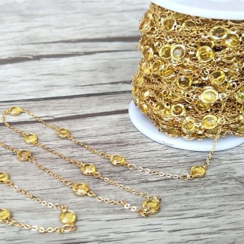 Handcrafted Gold color jewelry Finding,yellow glass crystal Beaded Chains,DIY necklace hand chain jewelry making LZ63
