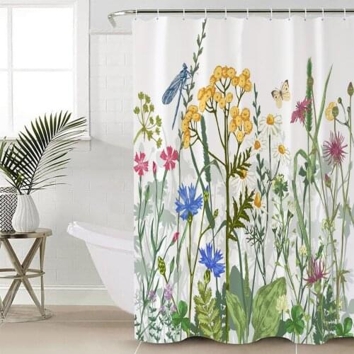 Flowers Butterfly Dragonfly Shower Curtain Bathroom Decorative Waterproof Polyester Fabric Curtain for Bathroom