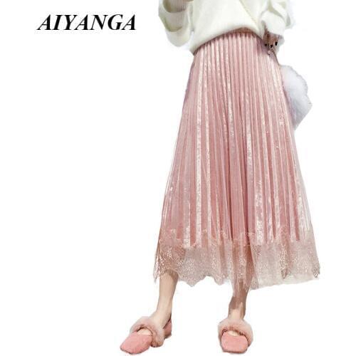 New Lace Velvet Skirts Autumn Winter Skirts For Women Mesh Skirt Medium Long Style High Waist Elastic Waist A-Line Skirt Female