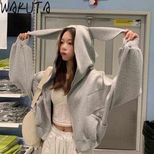 WAKUTA Rabbit Ear Hooded Coats Top Women Cute Short Hoodies Female Korean Style Spring Street Loose Grey Tops 2021 Arrival Fall