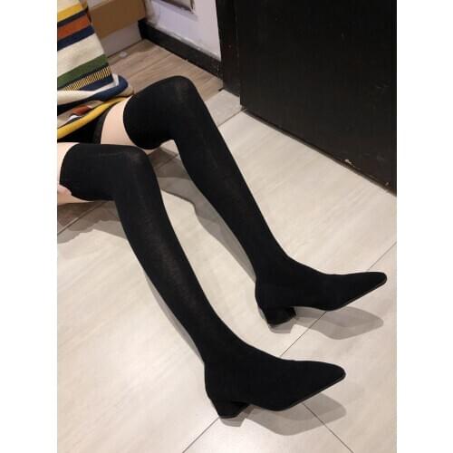 2019 Women Over The Knee High Boots Snow Boots Women Casual Boots Fashion Stretch Fabric Pointed Toe Sock Boots Black Booties