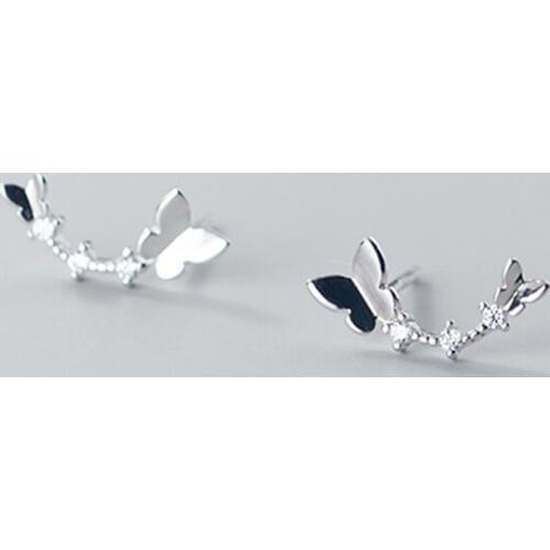 Sweet 925 Sterling Silver Double Butterfly Earrings for Party Birthday Jewelry Gift CZ Zircon Stone Stud Earring Women Silver