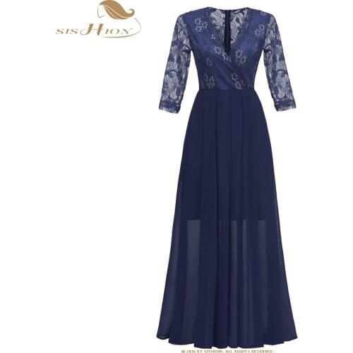 SISHION 3/4 Sleeve Autumn Women Long Dress VD1536 Blue Wine Red Lace Party Dress Evening 2021 Sexy Elegant Chiffon Dress