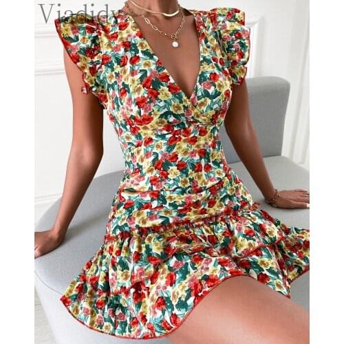 Women Deep V Neck Print Ruffles Design Mini Dress