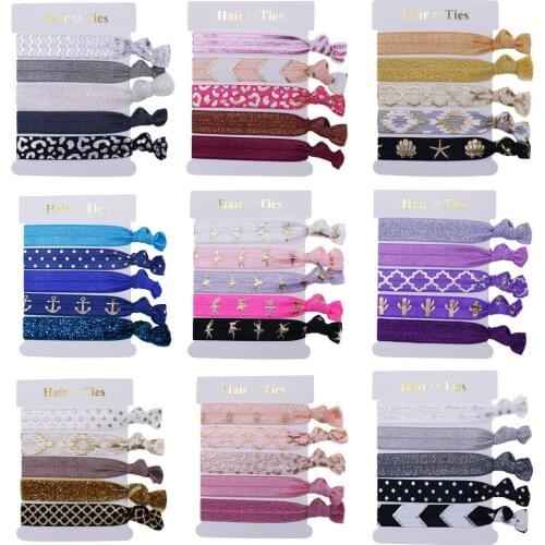 5/8" FOE 60cards/lot, Women printed Gold Foil Fold Over Elastic Hair Band Knotted Girl FOE Hair Ties elastic for girl