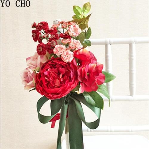 YO CHO Home Decoration Red Peony Hand Bouquets Chair Back Satin Flowers Church Office Furniture Wedding Accessories Flowers DIY