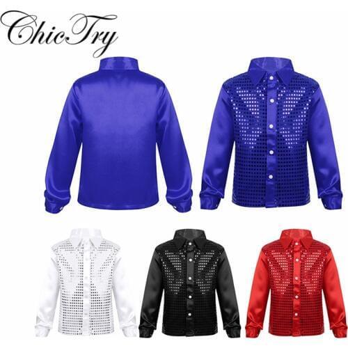 Children Boys Dance Shirt Fashion Glittery Sequined Long Sleeve Spread Collar Shirt for Choir Jazz Dance Stage Performance