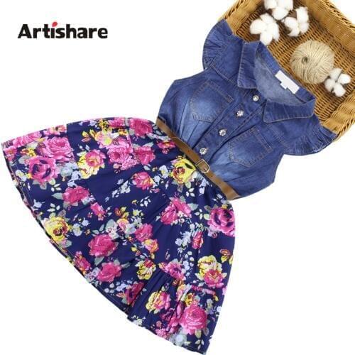 Artishare Denim Dresses For Girls Floral Kids Dress With Belt Casual Dress Girl Party Teenage Kids Clothes Girls 6 8 10 12 14
