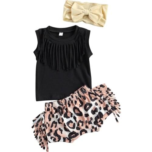 3Pcs Little Girls Outfit, Children Summer Solid Color Round Collar Sleeveless Tassels Top + Leopard Print Shorts + Bow Headwear