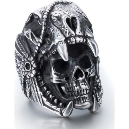 Cool Mens 316L Stainless Steel Skull Rings Vintage Indian Jaguar Warrior Biker Punk Jewelry Gift for Him