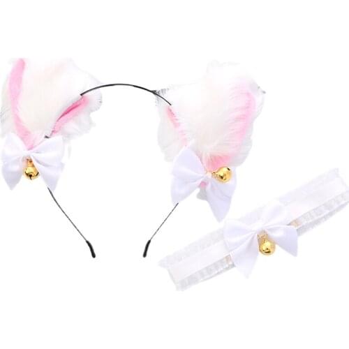 Cat Ears Headband Lace Necklace with Bell Lovely Furry Kitten Headwear Collar Headpiece Accessories for Festival Cosplay