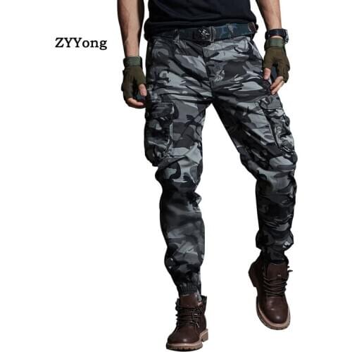 Mens Cargo Pants Military Camouflage Cotton Beam Feet Multi-Pocket Army Trousers Joggers Outdoor Motion Khaki Black Overalls
