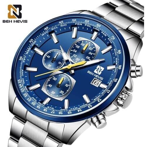 BEN NEVIS 2020 Men Quartz Wristwatches Fashion Blue Watches Silver Stainless Steel Band Calendar Display Business Watches