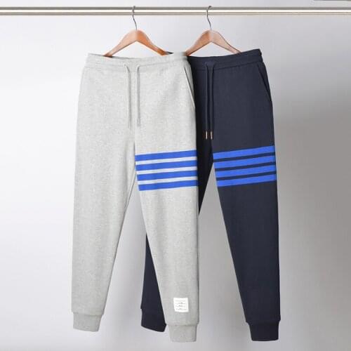 2021 Fashion TB THOM Brand Sweatpants Men Autumn Winter Pure Cotton Casual Sports Trousers Blue Striped Mens Jogger Track Pants