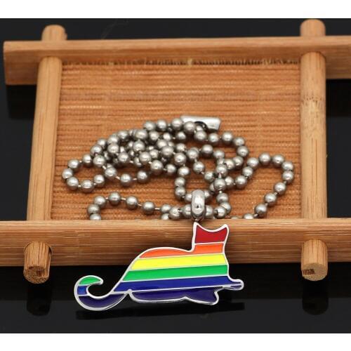 Men stainless steel LGBT raibow cat Gay Pride necklace