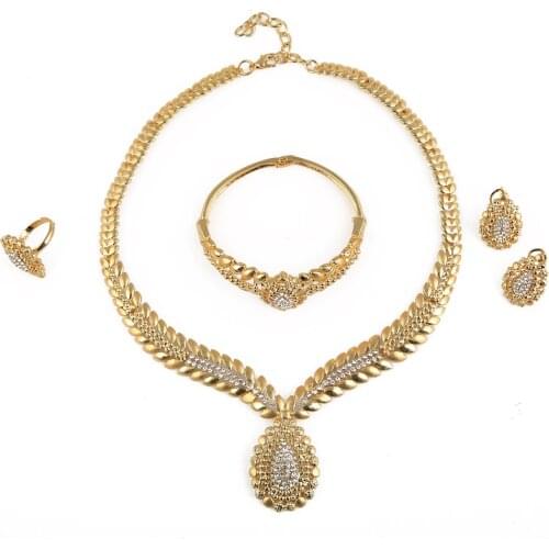 24K Gold Color Jewelry Sets for Women Bridal Luxury Necklace Earrings Bracelet Ring Set Indian African Wedding Ornament Gifts