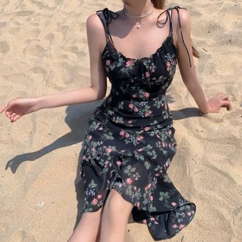 New French retro floral waist sling dress women