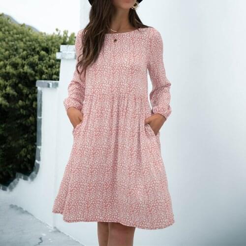 Autumn Long Sleeve Dress Casual O-neck Pockets Loose Waist Floral A-line Midi Dresses Elegant Womens Vintage Vestidos 2021 New