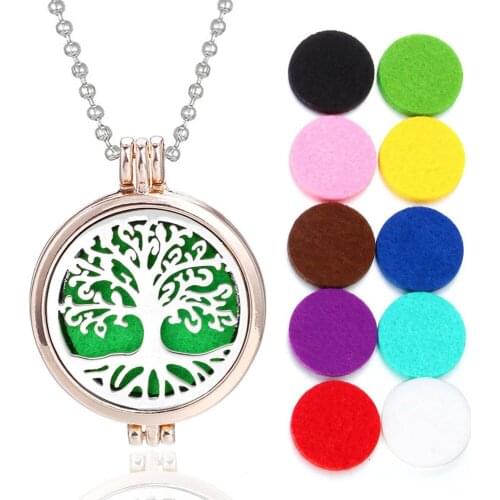 Aromatherapy Necklace Rose Gold Pendant Essential Oil Diffuser Necklace Tree of Life Aroma Locket For Women Jewelry Free 10Pads
