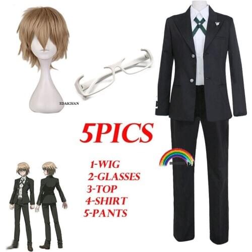 5PICS Danganronpa Togami Byakuya Cosplay Wigs Short Fluffy Layered Synthetic Hair Halloween Costume Party Wigs Wig Cap Glass