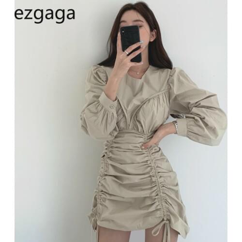Ezgaga Women Dress French Style Chic O-Neck Ruched Slim Waist Irregular Drawstring Long Puff Sleeve Sexy Lady Elegant Vestidos