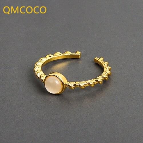QMCOCO 2021 New Style Dainty 925 Silver Smooth Opal Ring Geometric Finger Ring For Women Wedding Party Jewelry Gifts