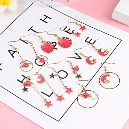 Handmade Pink Girl Series Star Earrings Pentagram Star Moon Ins Stud Earrings Asymmetric Earrings For Women Diy Jewelry