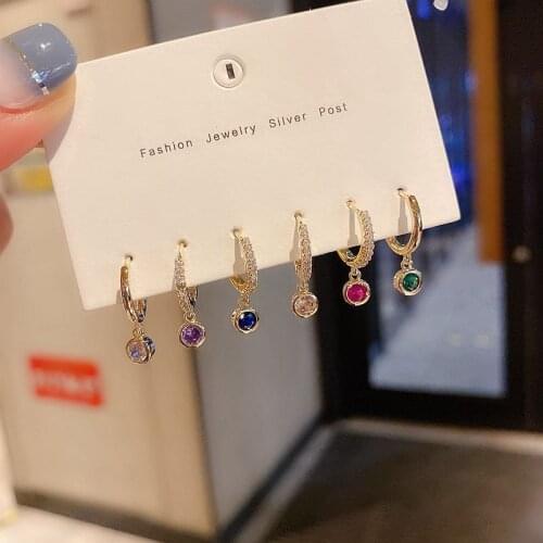 New Charm Women Style Colorful Zircon Earring Round Crystal 6-Piece Set EarHoop For Girls Christmas Gift Earring Fashion Jewelry