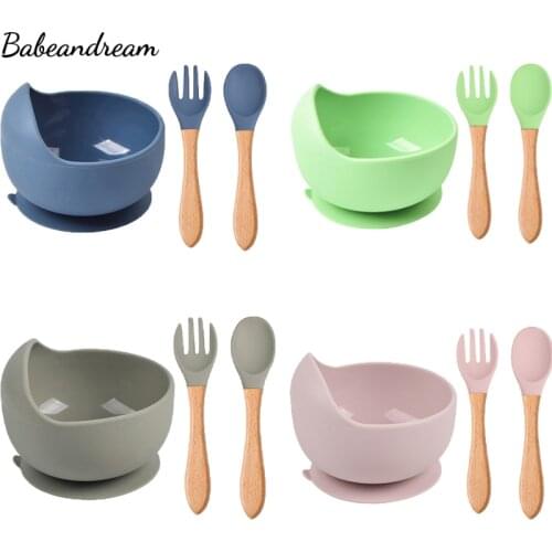 Suction Baby bowl spoon Fork silicone tableware children Wooden handle silicone spoon bowl baby silicone Dinner Feeding Bowl