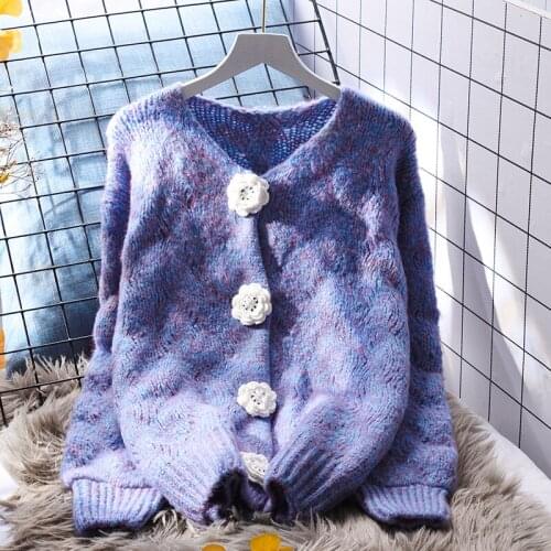 Blue Thicken Warm Knitted Women Sweater Cardigan Winter New 2021 O-Neck Lantern Sleeved Slim Elegant Female Outwear Coats Tops