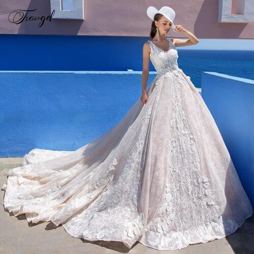 Traugel V-Neck A Line Lace Wedding Dresses Elegant Applique Tank Sleeve Backless Bride Dress Chapel Train Bridal Gown Plus Size