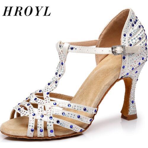 HROYL Women Latin dance shoes Female Girl Ladies tango Ballroom sandal salsa samba Rhinestone Sexy Party Heel 6-10CM