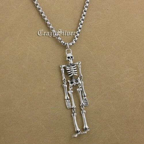 Whole Body Skeleton 925 Sterling Silver Mens Biker Rocker Punk Pendant 9V018 Steel Necklace 26 inches