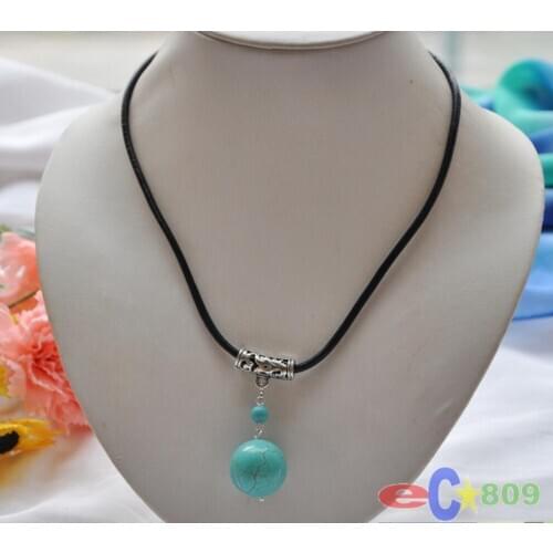 Jewelry Free Shipping wholesale 16mm round Natural Stone ball Pendant Leather rope NECKLACE