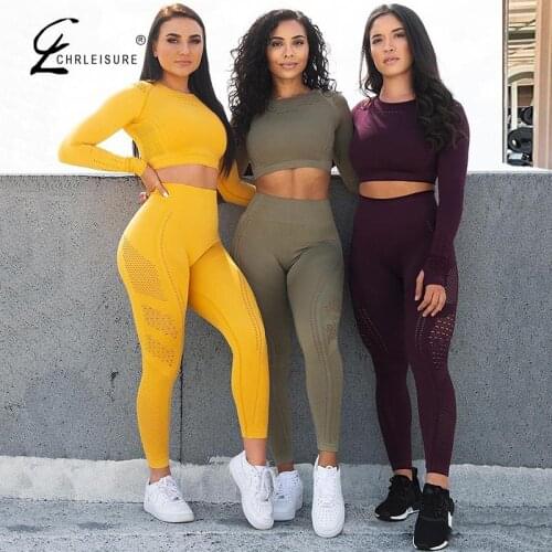 Womens Fitness Two-Piece Solid Long Sleeve Tops +leggings Set Gym High Waist Workout Suit Feamle