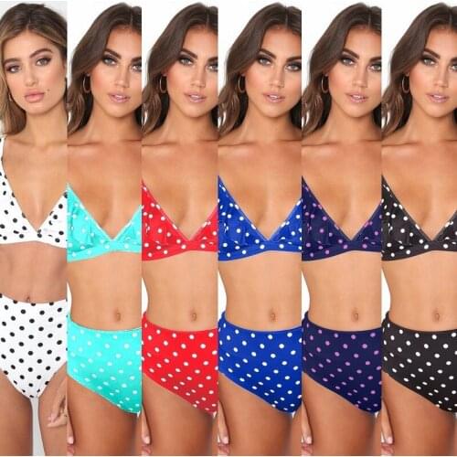 2021 New Style Women Swimwear Bikini Sexy V Collar Wave Dot Printing High Waist Flounce Back Sexy Split Swimsuit Female