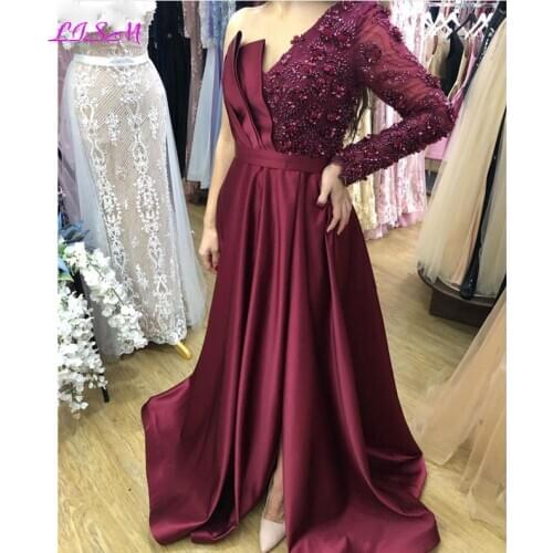 Robe De Soiree Burgundy Evening Dresses Lace Beading Satin One Shoulder A-Line Long Sleeve Prom Dress 2020 Woman Party Gowns