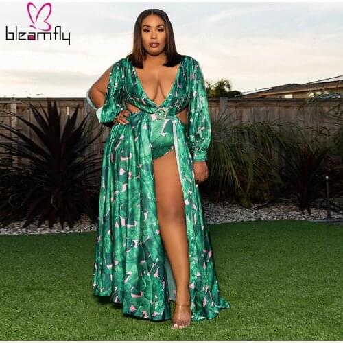 Summer Green Flower Printed Long Maxi Beach Dress Women Hollow Out Split Bohemian Holiday vintage Dresses Plus Size 4XL 5XL