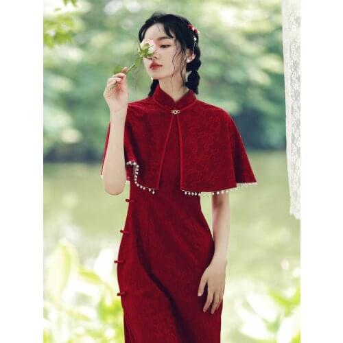 Young Dress and Cheongsam Toast Dress 2021 New Retro Burgundy Bridal Wedding Long Girl Summer dresses women