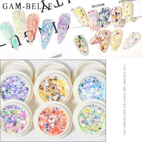 GAM-BELLE 6 Boxes/Set Laser Love Heart Butterfly Geometric Nail Sequins Mixed Sparkle Nail Glitter Flakes Nail Art Decorations